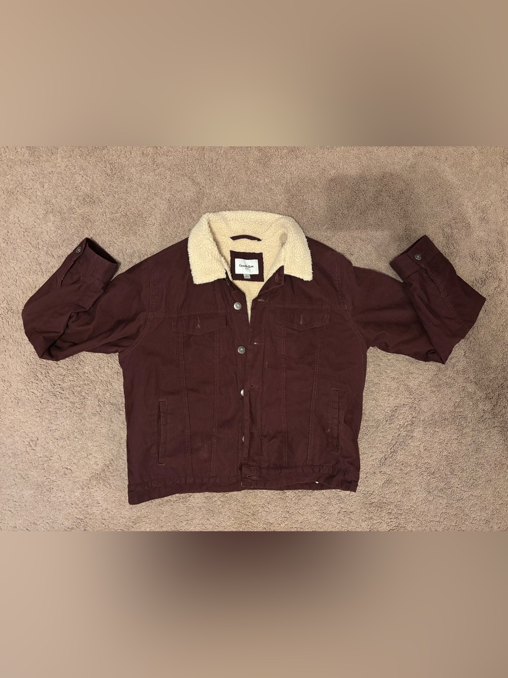 Goodfellow & Co Corduroy Sherpa Trucker Jacket in Maroon and Cream